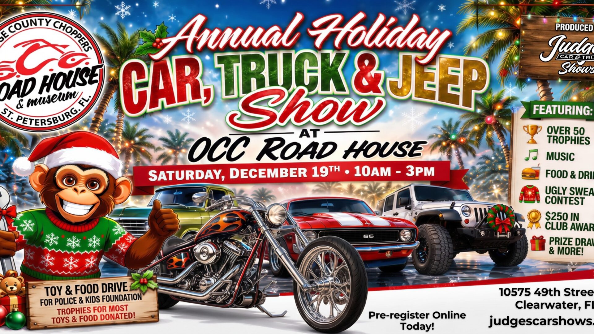 Colorful flyer for the Annual Holiday Car, Truck & Jeep Show at OCC Road House, featuring vehicles, event info, a cartoon monkey, and trophies. Event is on Saturday, December 19, 10am–3pm.