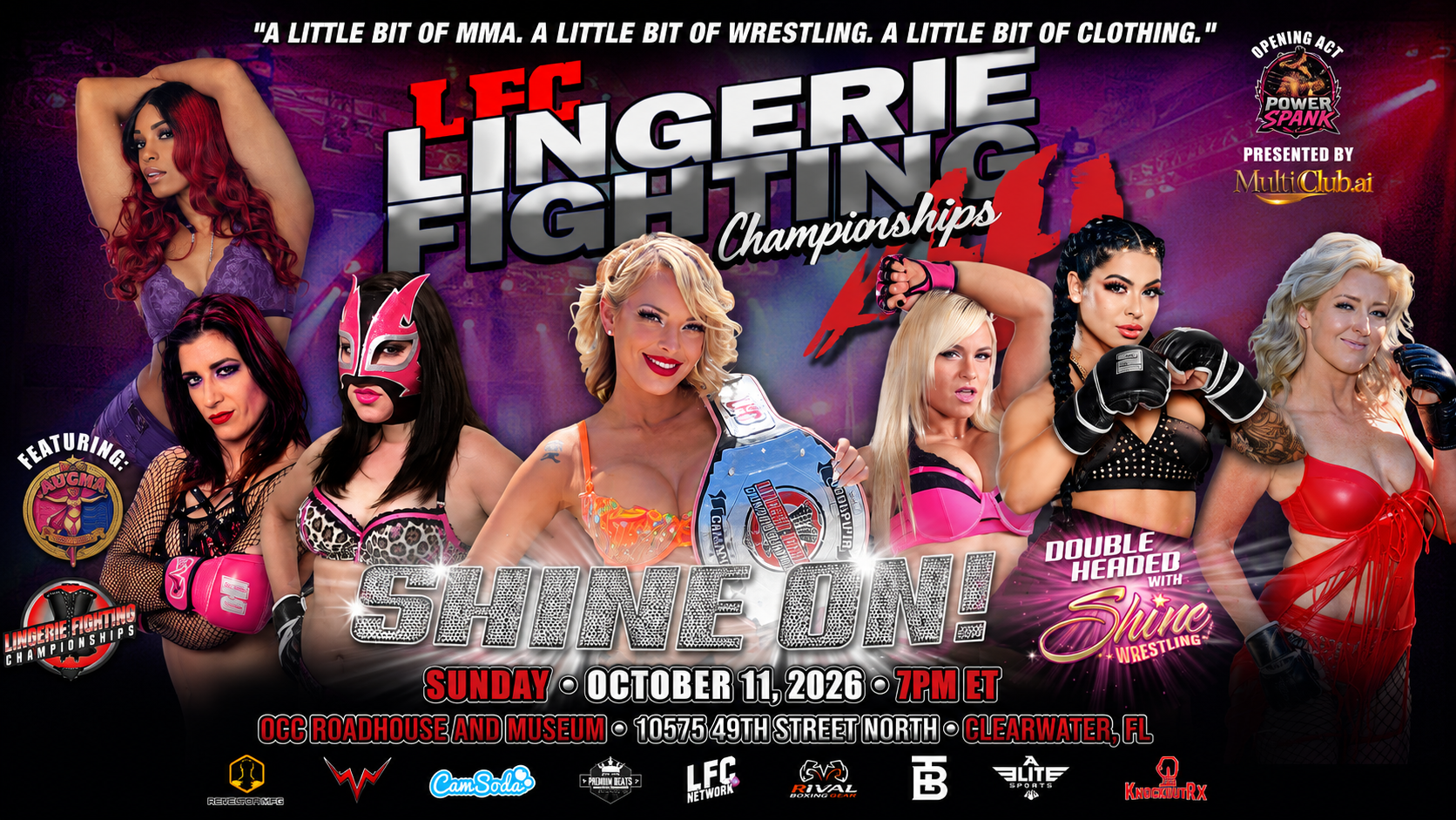 Poster for LFC Lingerie Fighting Championships 42 event on October 11, 2026, featuring multiple female fighters and event details in Clearwater, Florida.