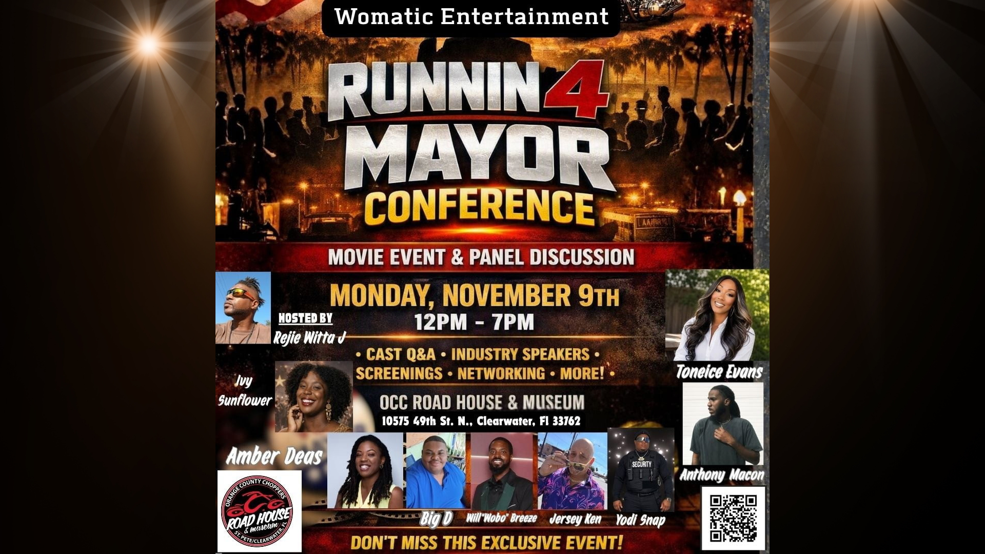 Poster for the “Runnin 4 Mayor Conference” on Nov 9, 12PM-7PM at OCC Road House & Museum, featuring movie event, panel, Q&A, speakers, and special guests.