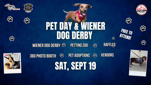 Event flyer with a dachshund in a red vest, titled “Pet Day & Wiener Dog Derby” on Sat, Sept 19, listing activities like adoptions, petting zoo, raffles, vendors, and noting free admission.