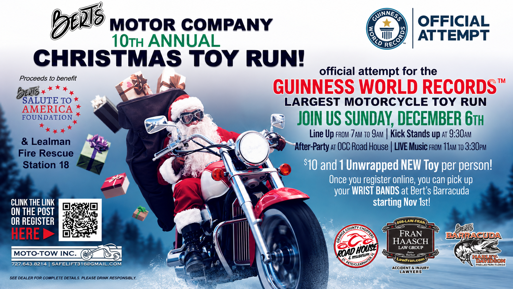 Man in a Santa costume rides a motorcycle with a toy sack; Christmas Toy Run event details and sponsor logos appear in the background.
