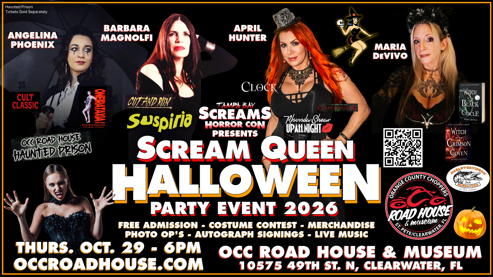 Halloween party event poster featuring four women in costume, event details, and OCC Road House & Museum logo. Text includes date, time, location, and activities like photo ops and live music.
