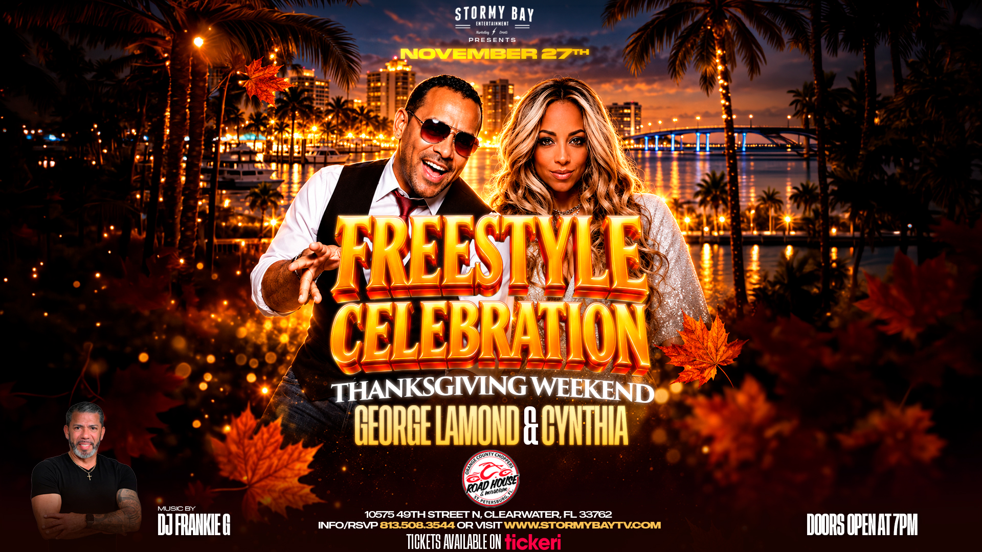 Freestyle Celebration event poster with photos of two performers, event details, autumn leaves, and a DJ image, promoting a Thanksgiving weekend show on November 27th in Clearwater, Florida.