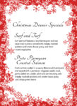 Christmas dinner menu with red snowflake border, featuring Surf and Turf with filet mignon and crab, and Pesto Parmesan Crusted Salmon with sides of potatoes, gravy, green beans, and vegetables.