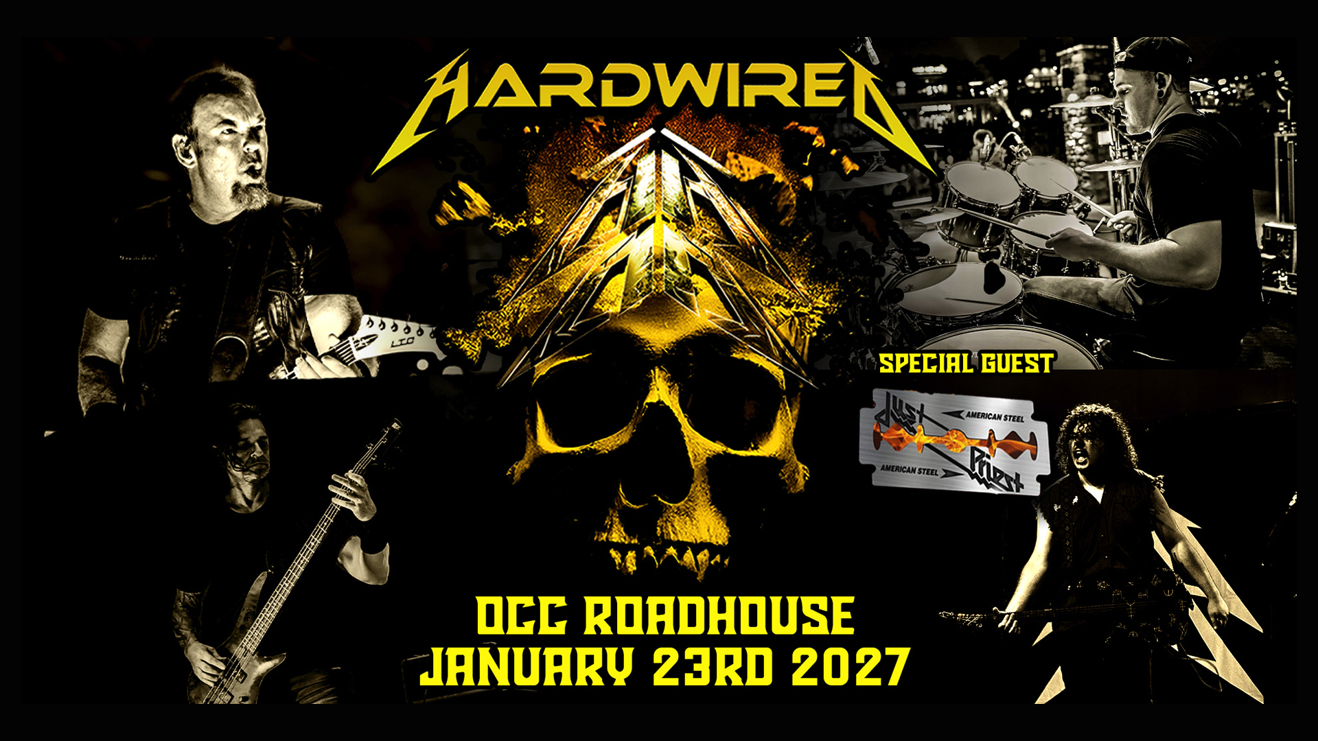 Concert poster for Hardwired at OCC Roadhouse on January 23, 2027, featuring band members playing instruments, a skull graphic, and a special guest named Judas Rising.