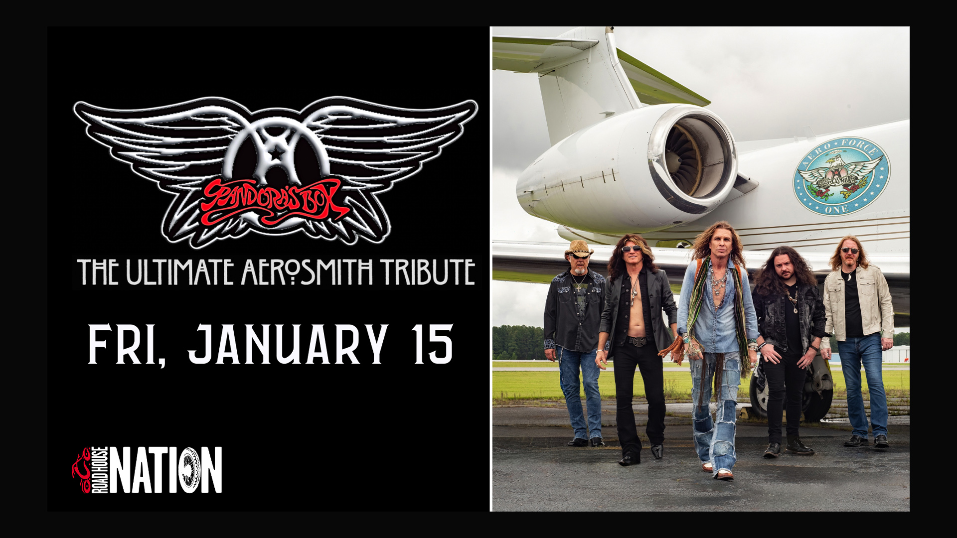 Concert poster for “The Ultimate Aerosmith Tribute” featuring band photo in front of an airplane, event date Friday, January 15, and logos for Draw the Line and Roadhouse Nation.