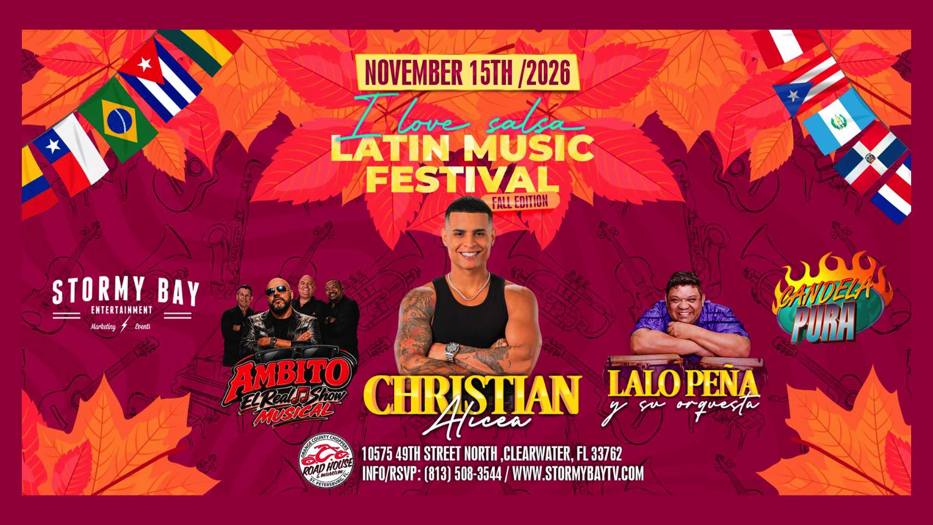 Promotional poster for a Latin music festival on November 15, 2026, in Clearwater, FL, featuring images of performers and various Latin American flags.