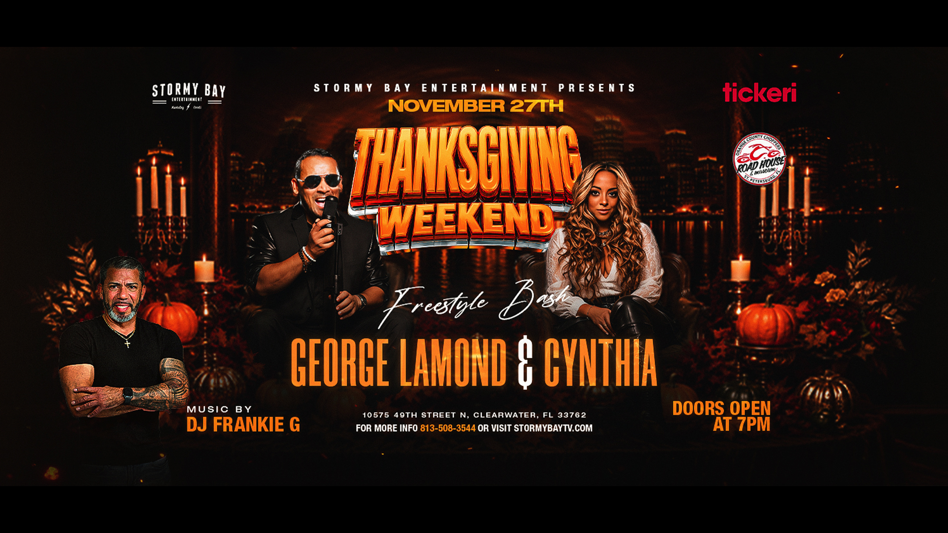 Thanksgiving Weekend event poster featuring George Lamond, Cynthia, and DJ Frankie G, with event details and autumn-themed decorations.