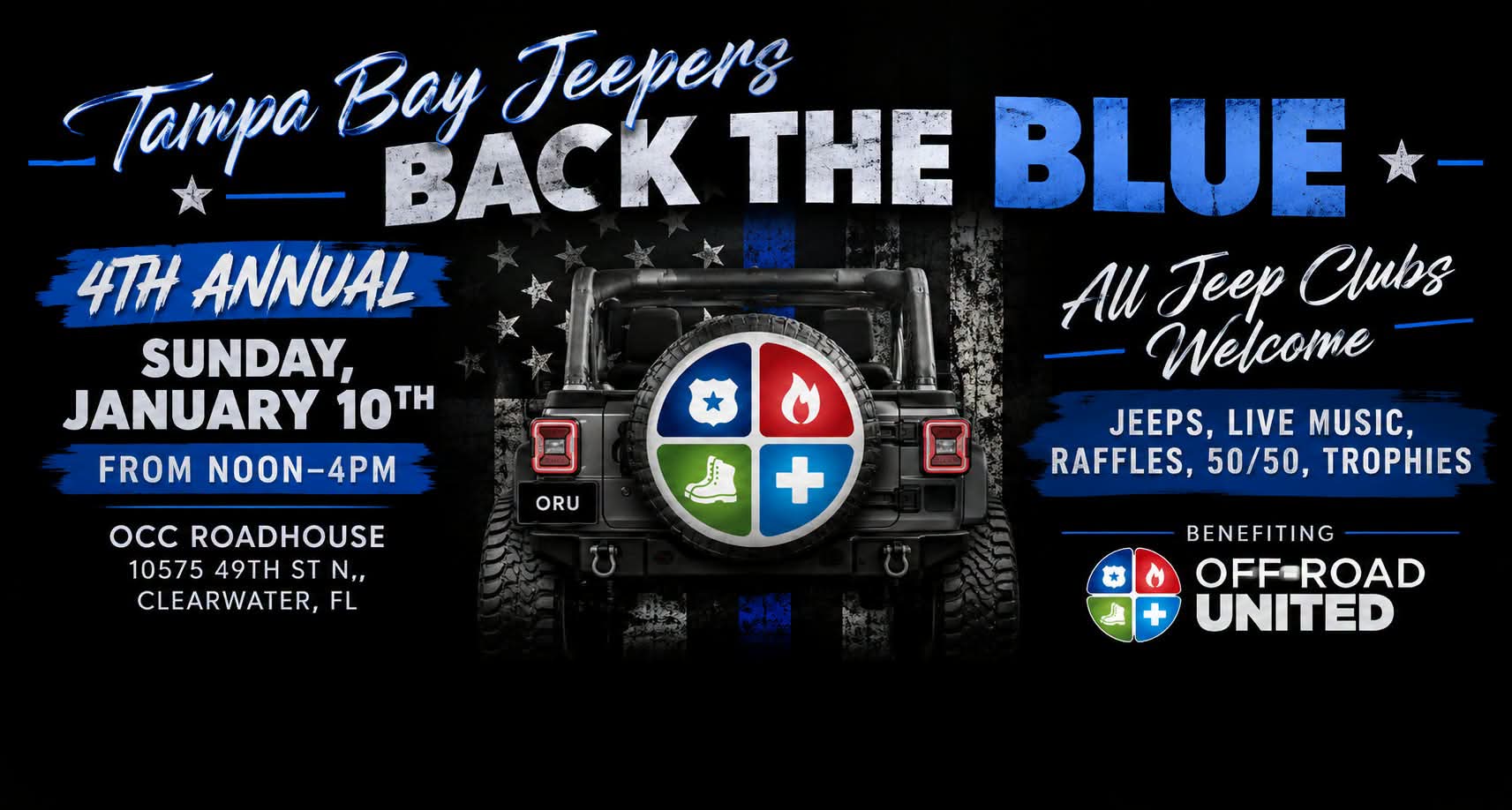 Event flyer for the 4th Annual Tampa Bay Jeepers Back The Blue fundraiser on Sunday, January 10th, from noon to 4pm at OCC Roadhouse in Clearwater, FL, benefiting Off-Road United.