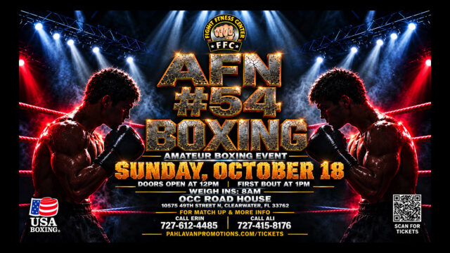 AFN #54 Boxing amateur event flyer for Sunday, October 18, at OCC Road House in Clearwater, Florida, with contact information and a QR code for tickets.