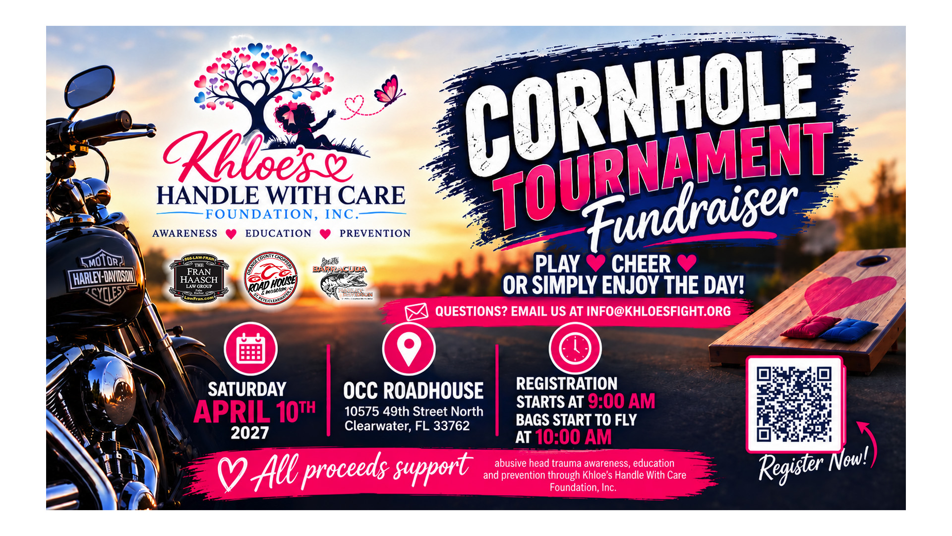 Poster for Khloe’s Handle With Care Foundation cornhole tournament on April 10, 2027, at OCC Roadhouse in Clearwater, Florida, including event details, sponsor logos, and a registration QR code.