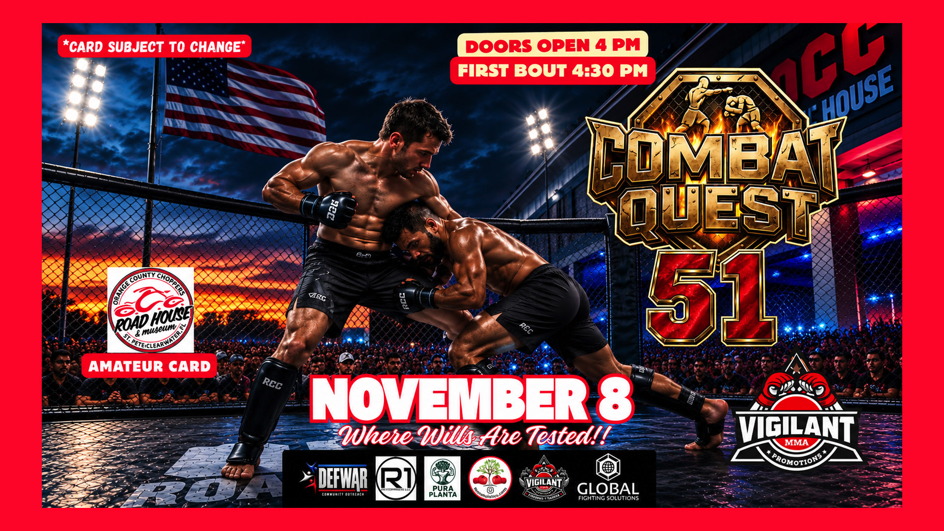 Promotional poster for Combat Quest 51 MMA event on November 8, featuring two fighters in a cage, event start times, and sponsor logos.